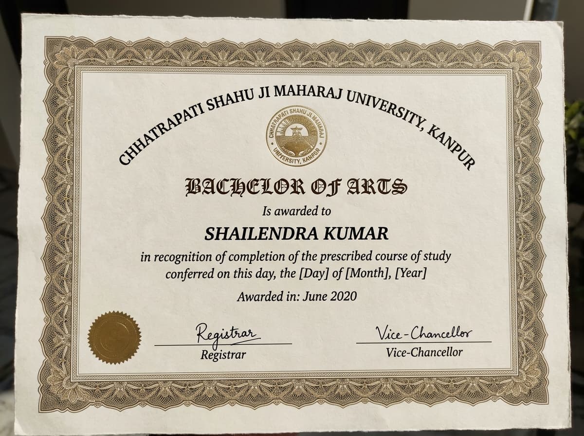 Bachelor of Arts certificate from CSJM University