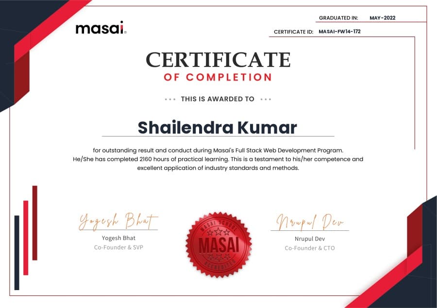 Full Stack Development certificate from Masai School